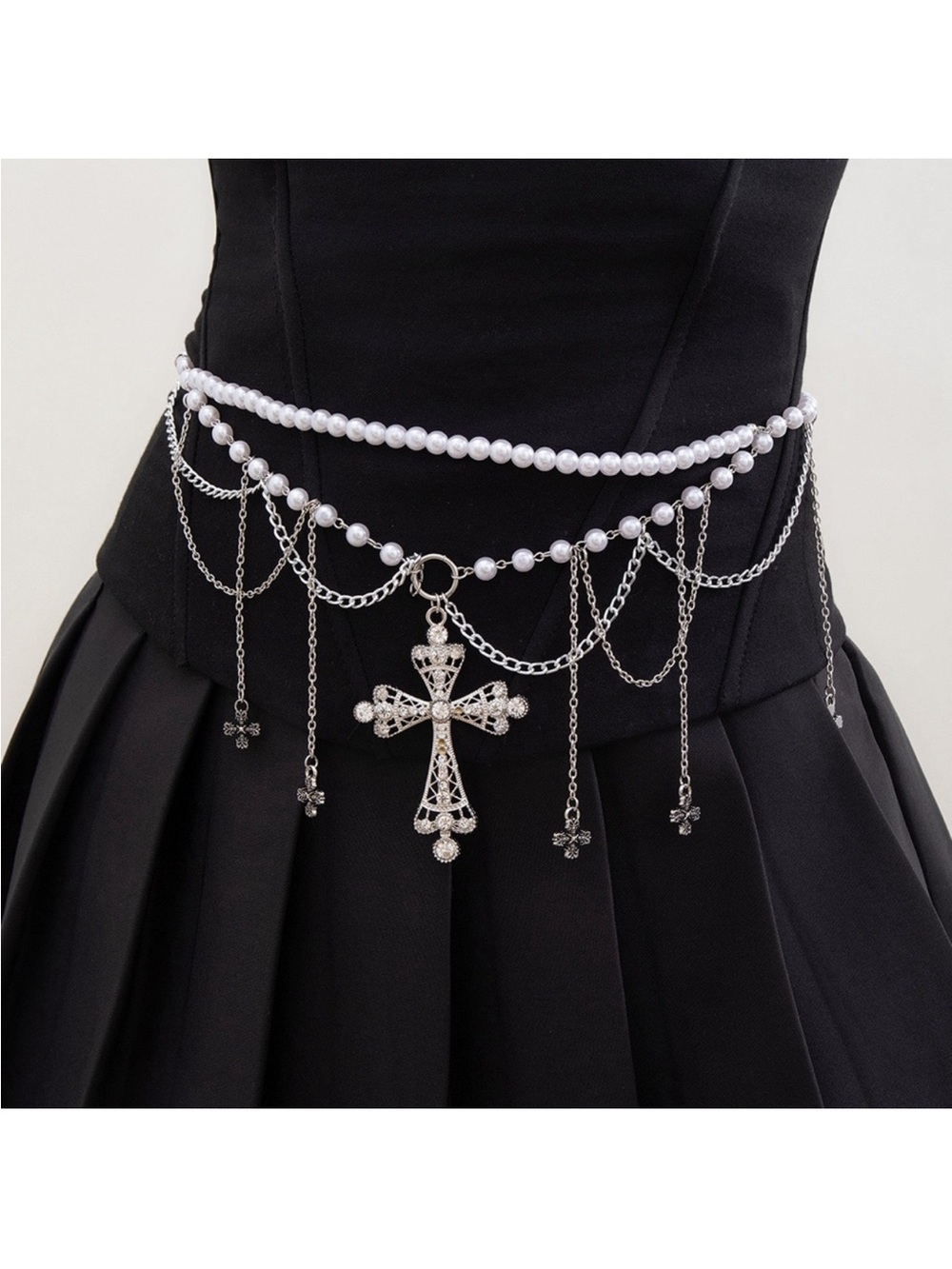 New White Pearl and Silver Cross Chain Waist Belt